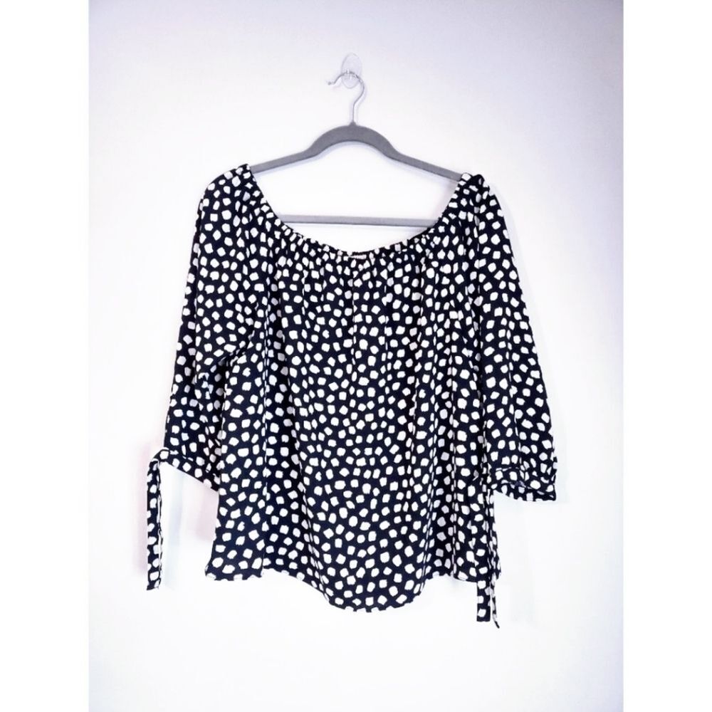 J. Crew Off The Shoulder Peasant Polka Dot Top Navy White Summer Blouse Sz Small